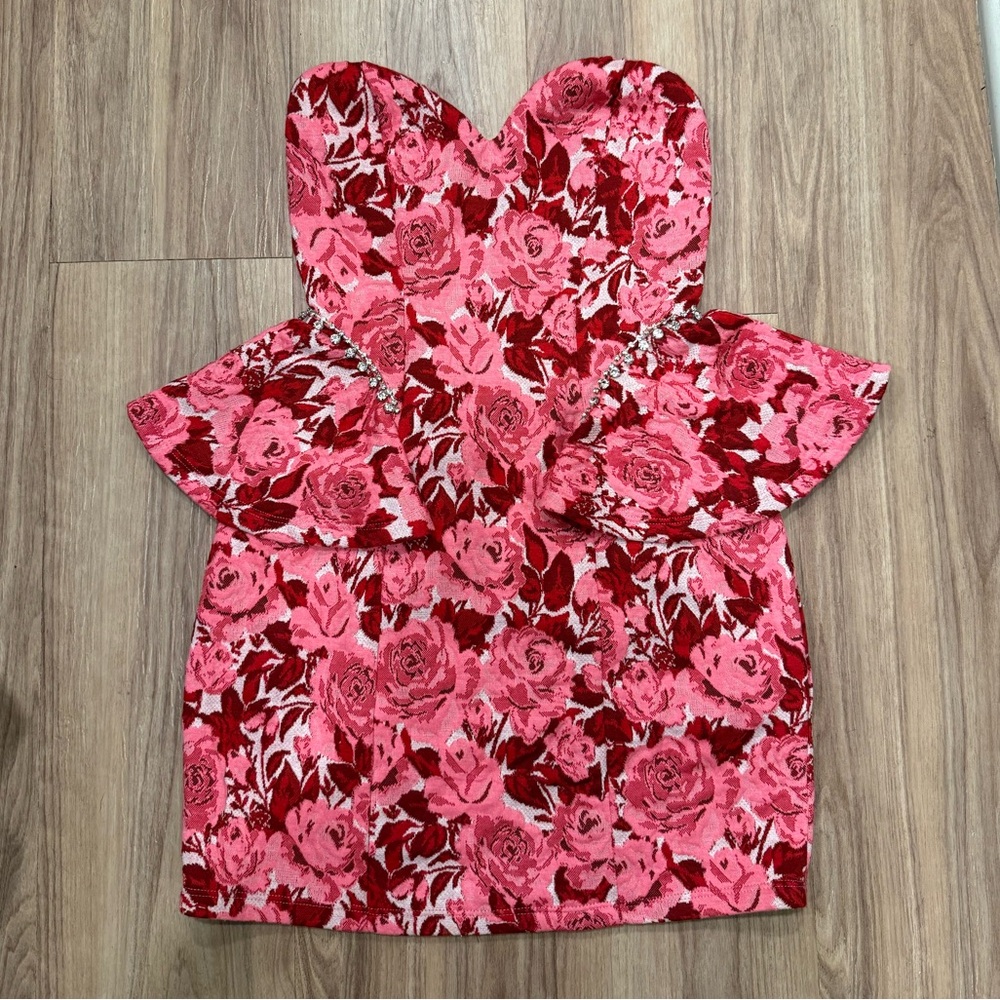 Zara Floral Jacquard Strapless Bodycon Mini Dress With Roses And Rhinestones.